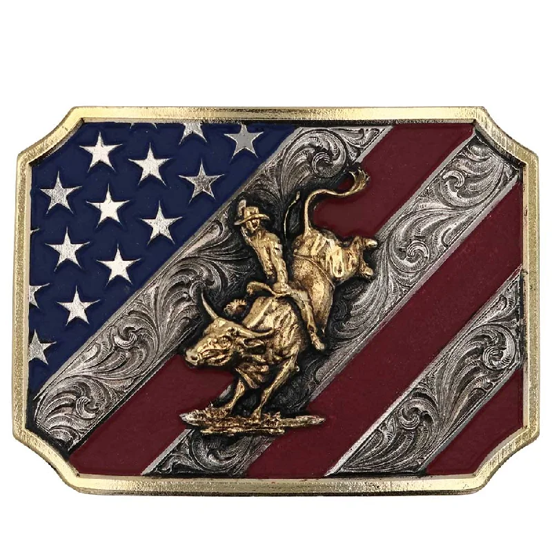 Montana Silversmiths Patriot Bull Rider Attitude Buckle with American Flag Background