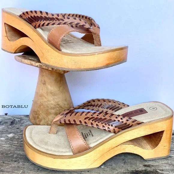 NO BOUNDARIES Vintage Y2K Wooden Platform Chunky Genuine Brown Leather Sandals