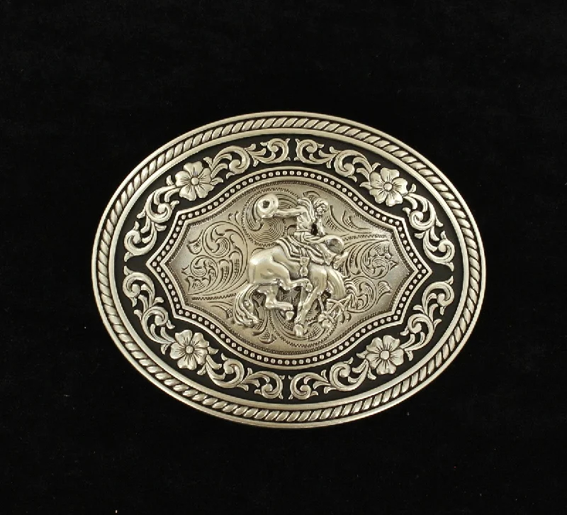 Nocona Antiqued Silver Saddle Bronc Belt Buckle