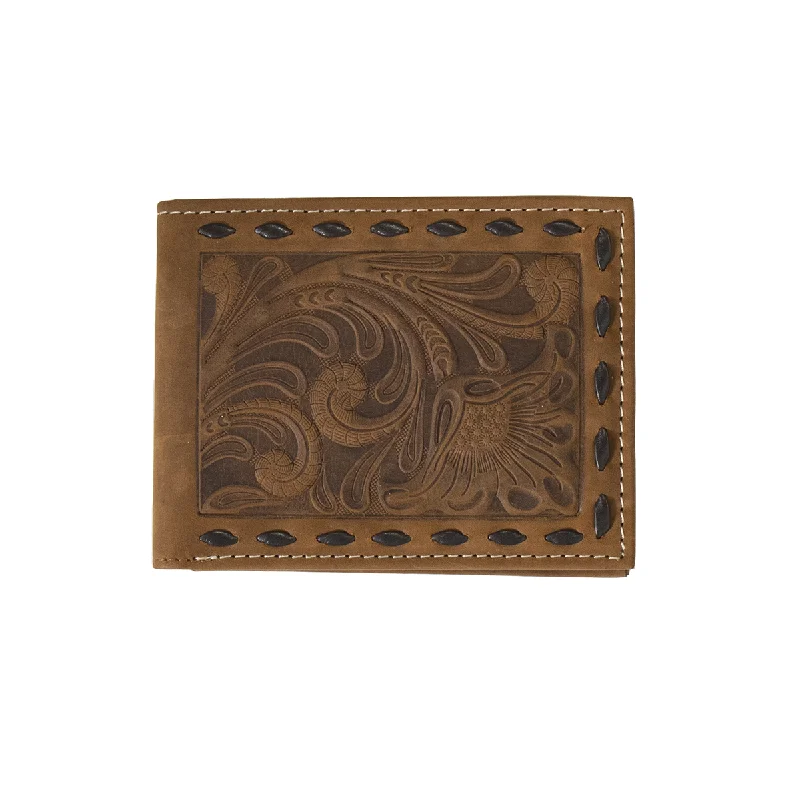 Nocona Brown Floral Embossed Bifold Wallet with Chocolate Buck Lace Stitching