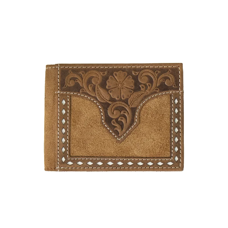 Nocona Brown Roughout Leather Bifold Wallet with White Buck Lace Stitching