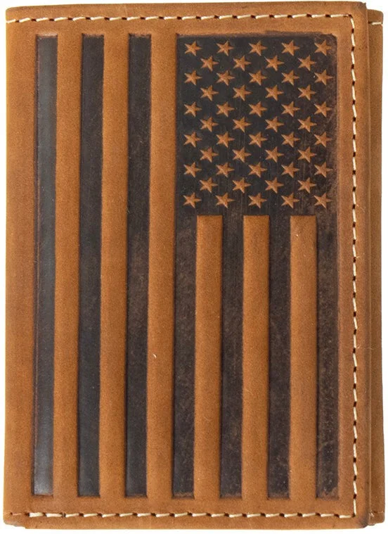 Nocona Brown Trifold Embossed American Flag Leather Wallet