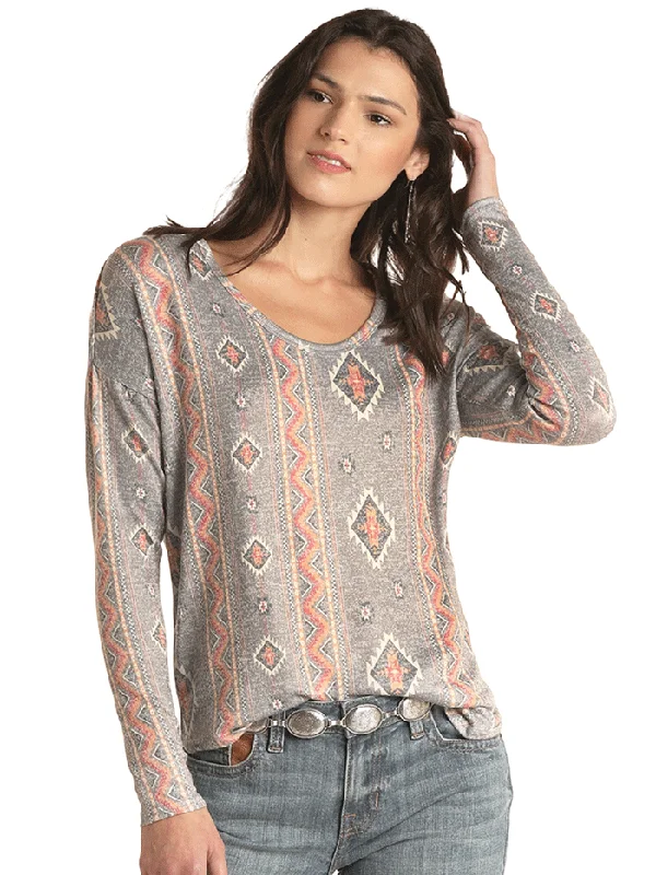 Panhandle WLWT52R0T3 Womens Long Sleeve Aztec Print Sweater Top Grey