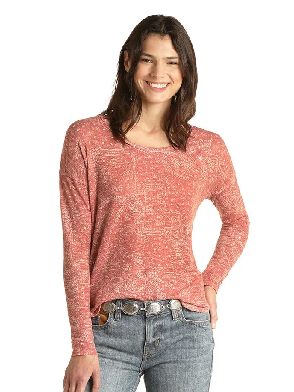 Panhandle WLWT52R0TO Ladies Bandana Print Sweater Top Orange