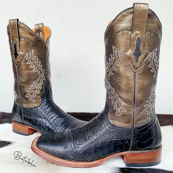 RESISTOL RANCH LUCCHESE Ostrich Square Toe Black Metallic Cowgirl Cowboy Western Boots