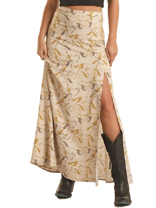 Rock & Roll Denim BW69B03298 Womens Horse Print Maxi Skirt Natural