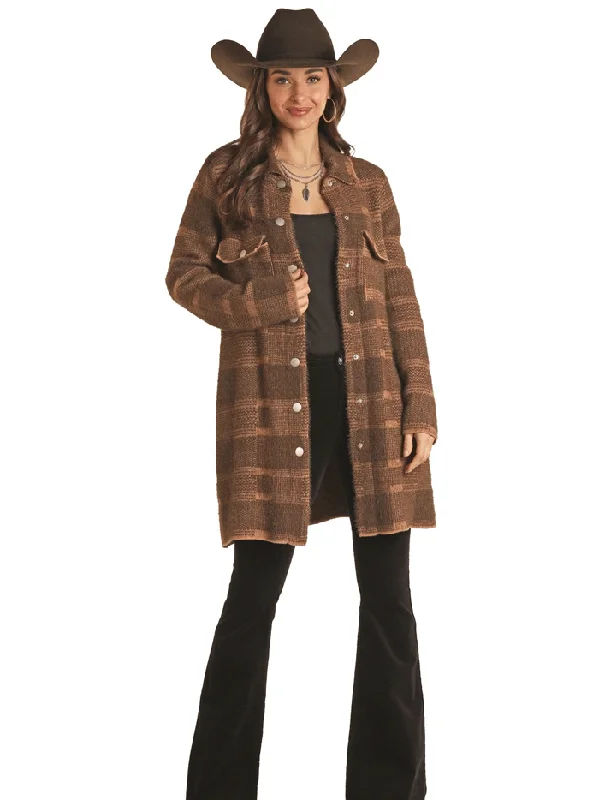 Rock & Roll Denim BW92C02724 Womens Plaid Knit Coat Dark Brown