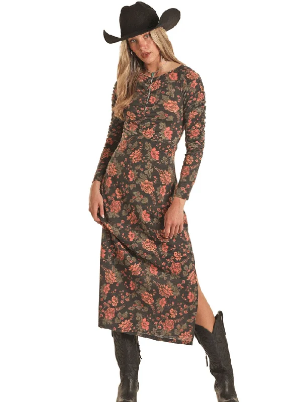 Rock & Roll Denim BWD2R02732 Womens Ruched Floral Dress Black