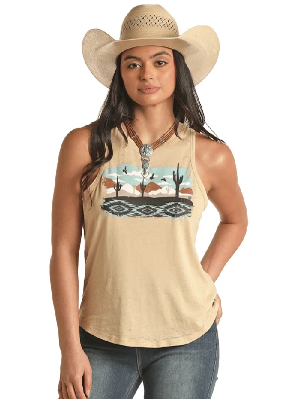 Rock & Roll Denim RRWT20R0YU Womens Scenery Graphic Tank Beige