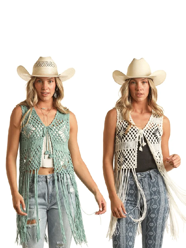 Rock & Roll Denim RRWT38R0ZG Womens Crochet Fringe Vest In Cream Or Turquoise