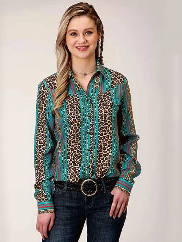 Roper 03-050-0590-0148 Womens Leopard Stripe Printed Rayon Western Blouse Multi