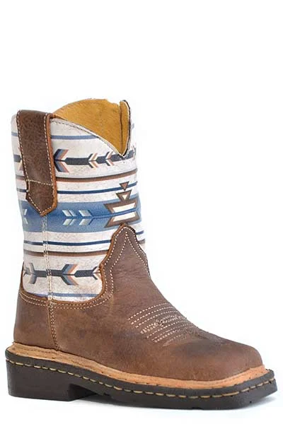 Roper Footwear Brown Square Toe Boots with Blue/White Aztec Print Tops for Toddlers