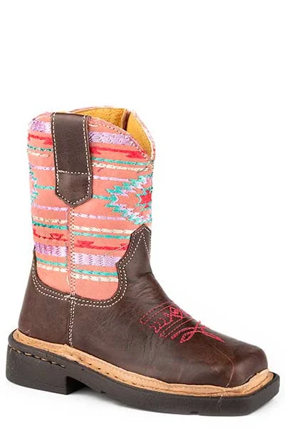 Roper Footwear Brown Square Toe Boots with Pink Aztec Embroidered Tops for Toddlers