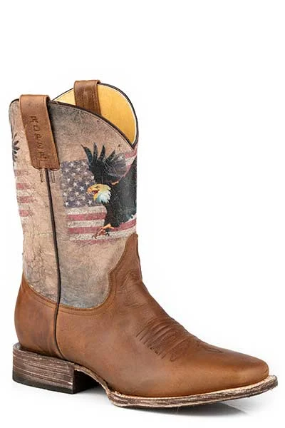 Roper Footwear Men's Brown Broad Square Toe Boots with Eagle & USA Flag Printed on Tops