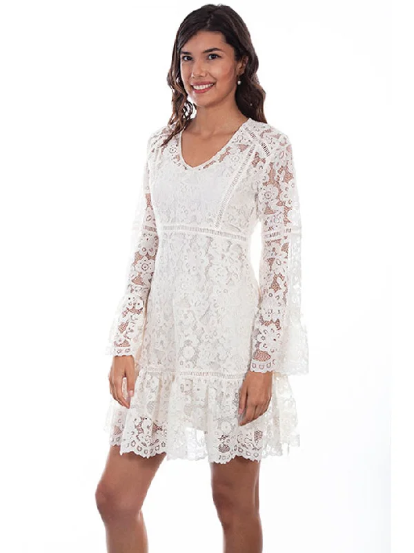 Scully HC557-IVO Womens Long Sleeve Overlay Lace Dress Ivory