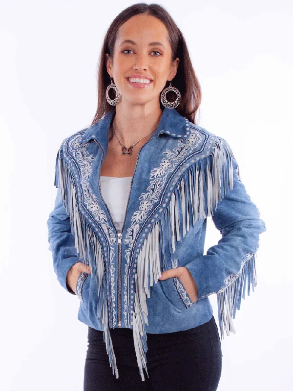 Scully L1120-169 Womens Embroidered Zip Front Jacket With Fringe Blue