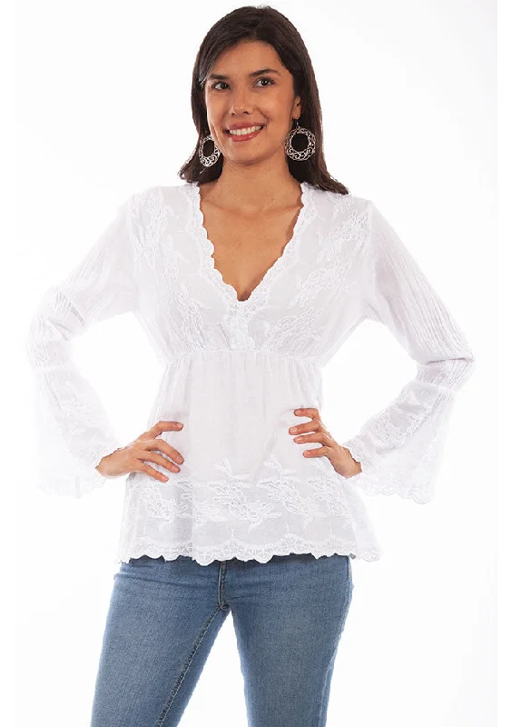 Scully PSL-221-WHT Womens Plunging Neck Line With Bell Sleeves Top White