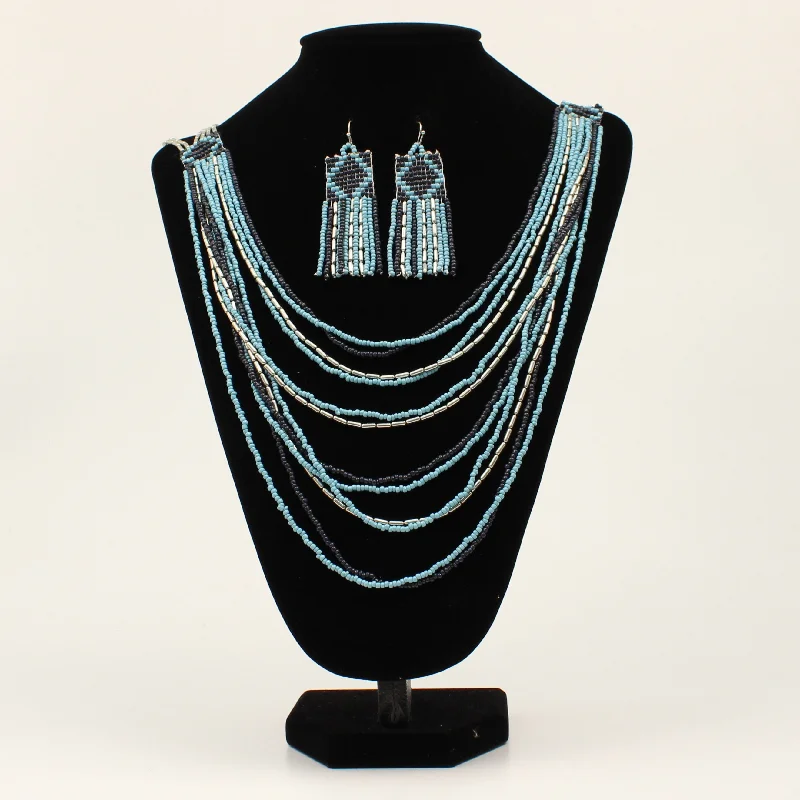 Silver Strike Light Blue/White/Navy Layered Beads Necklace & Earring Set