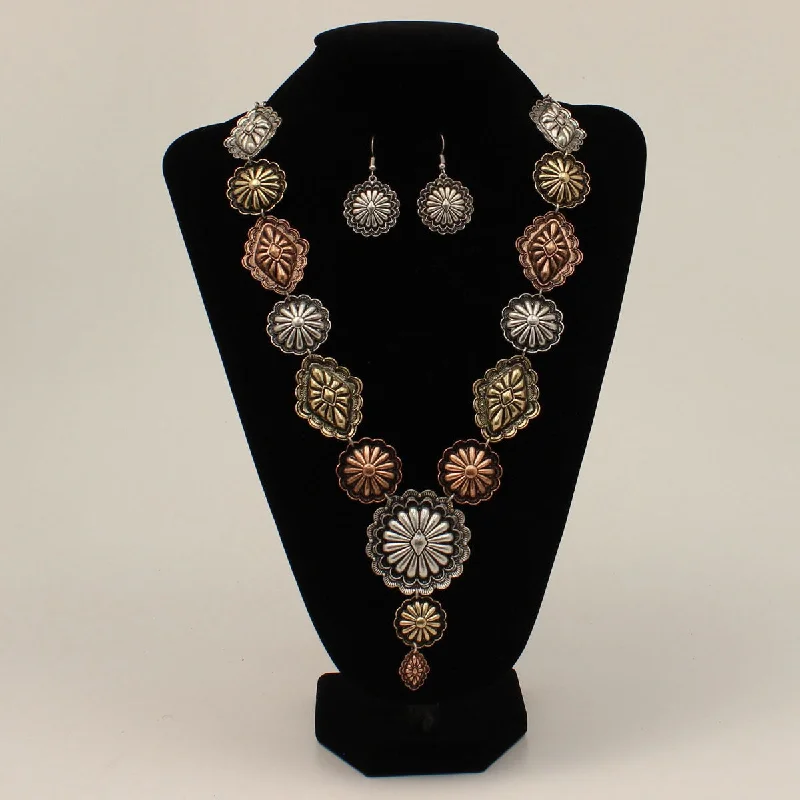 Silver Strike Silver/Gold/Copper Concho Necklace & Earring Set