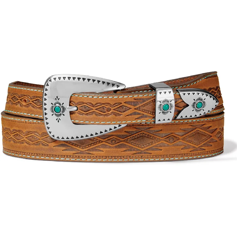 Tony Lama Tan Southwestern Embossed Belt with Turquoise Stone Accented Buckle