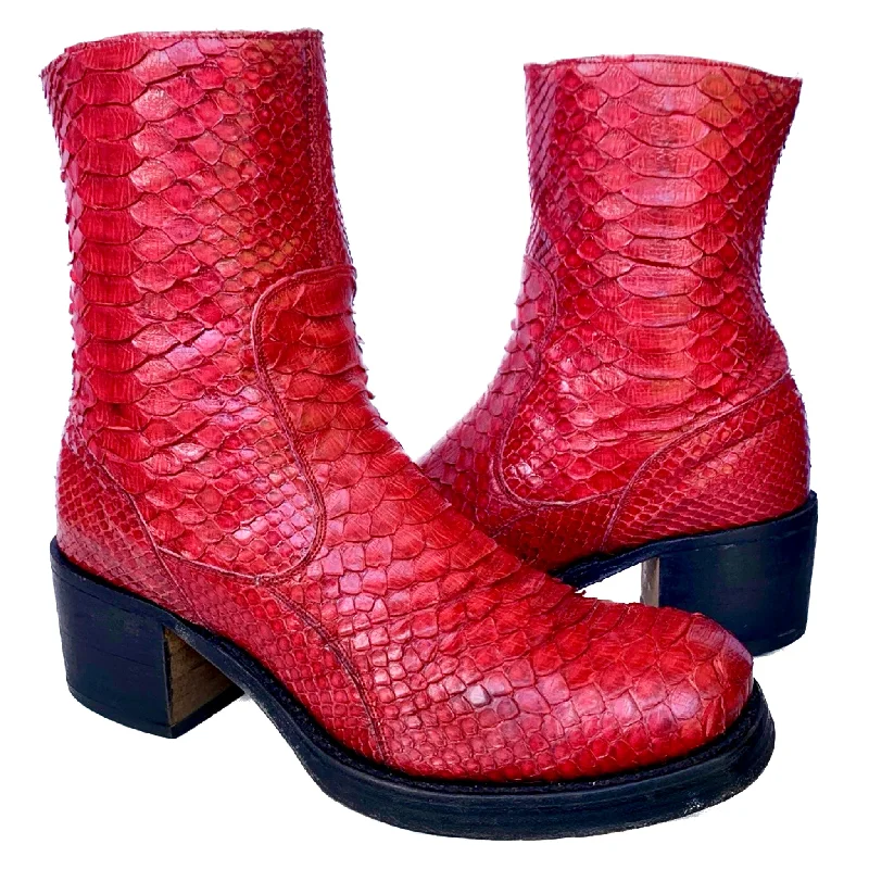 TONY MORA Red Python Platform Chunky Zip Y2K Style Ankle Bootie Boots