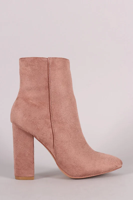 Suede Almond Toe Chunky Heel Ankle Boots