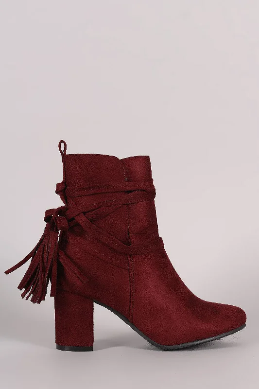 Suede Slit Tassel Lace Wrap Block Heeled Booties