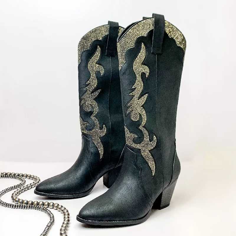 Lonestar Beauty Western Stitch Boots with Charcoal Crystal Embellishment in Black