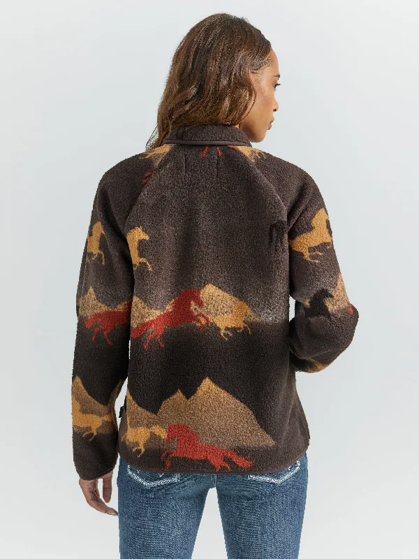 Wrangler Women's Brown Multi Wild Horses Print Snap Closure Sherpa Jacket