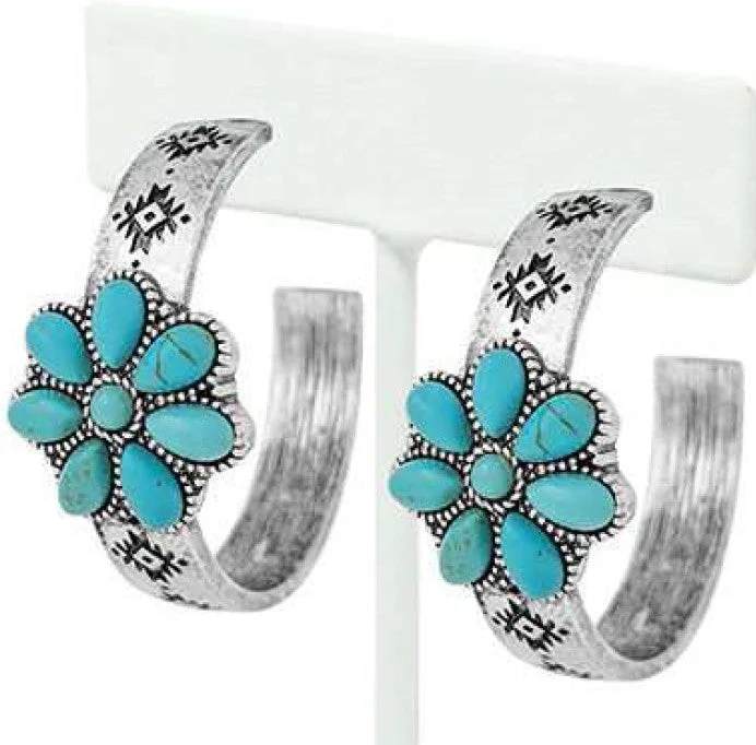 WYO-Horse Turquoise Blossom Silver Hoop Earrings